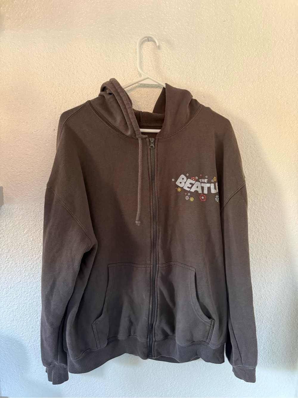 The Beatles Brown Zip-Up Hoodie with Floral Logo